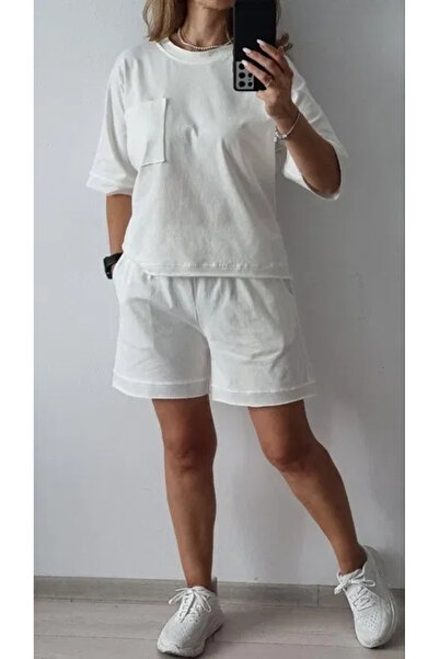 OEMN Women's Cotton T-Shirt and Shorts Set with Chest Pocket - Sporty