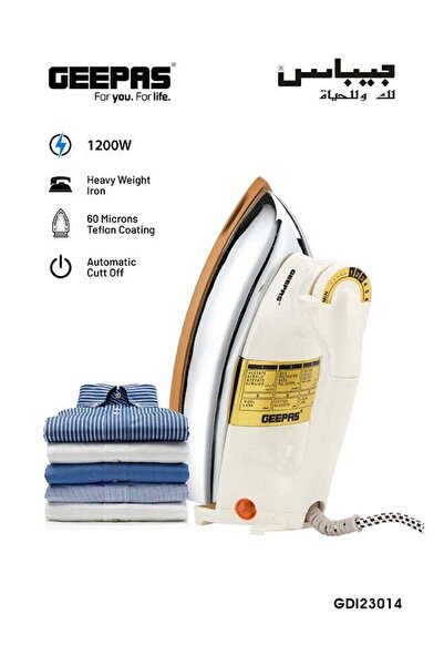 Geepas Teflon Coated Automatic Dry Iron 1200 W GDI23014 White/Silver/Gold
