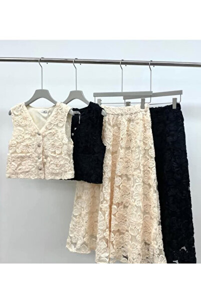 OEMN Set Dama Compleu Elegant din Dantela – Vesta cu Nasturi Decorativi & Fus...