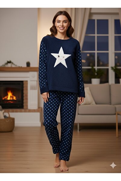 FAMES PİJAMA SET DE PIJAMALE DE FEMEI ALBASTRU MARINE CU DETALII PUNCTATE