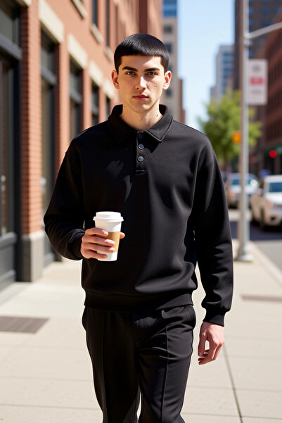 BENERLY Ανδρικό φούτερ με λαιμόκοψη πόλο και στάνταρ μανίκια, με φαρδιά γραμμ...