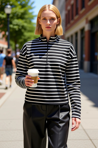 BENERLY Hanorac de damă cu guler înalt, cu mâneci scurte, în dungi, tricotat ...