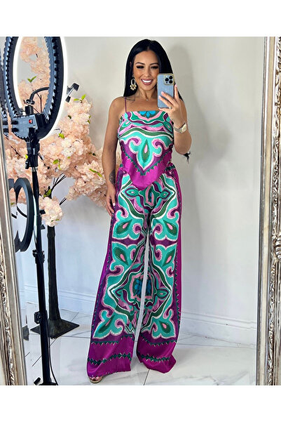 OEMN Women's Set Satin Top and Pants with Various Prints