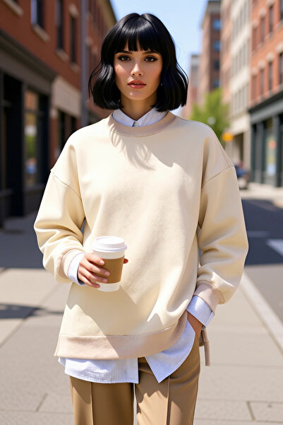 BENERLY Γυναικείο φούτερ με χαμηλό λαιμό, υπερμεγέθη, χοντρό πλεκτό, λειτουργ...