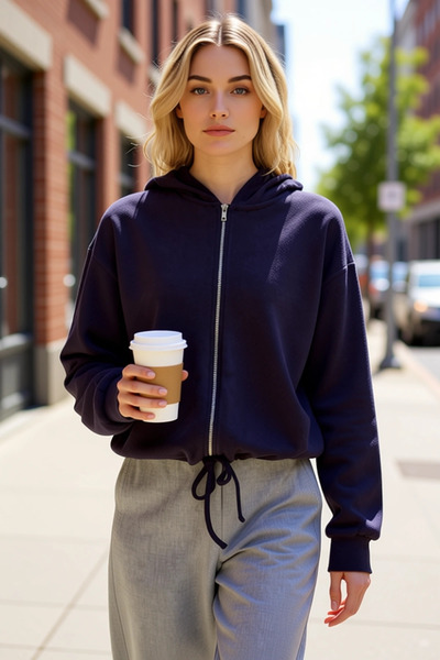 BENERLY Women's Hooded Low Sleeve Zippered Thessaloniki Knitted Sweatshirt Fu...