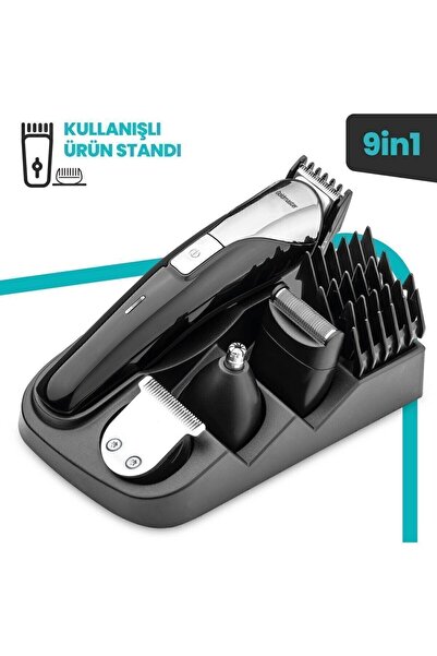 GOLDMASTER Kablolu ve Kablosuz Sıfır Başlıklı Paslanmaz Çelik Standlı 9 In 1 Erkek Bakım Seti Ve Tıraş Makinesi
