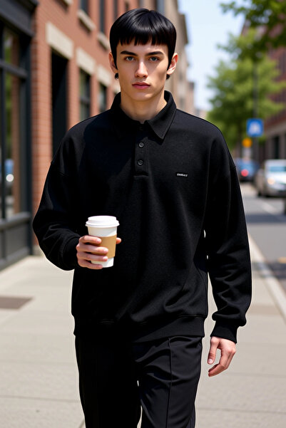 BENERLY Ανδρικό φούτερ με λαιμόκοψη πόλο, με υφή, μεγάλου μεγέθους, μακρυμάνι...