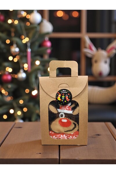 Denseden Yılbaşı Hediyesi Yeniyıl Yılbaşı Çorap 1 Adet Kraft Kutulu Desenli Ç...