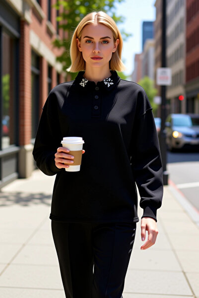 BENERLY Hanorac tricotat pentru femei, cu guler polo și mâneci scurte, cu det...