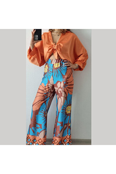 OEMN Women's Set Satin Blouse and Pants with Various Prints