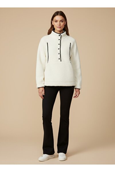 Grenj Fashion Relaxed/Casual Fit Plush Knitted Sports Sweatshirt with White Contrast Piping and Snap Detail