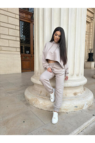 OEMN Compleu Dama 2 Piese din Bumbac - Set 2 Piese Hanorac Crop si Pantaloni