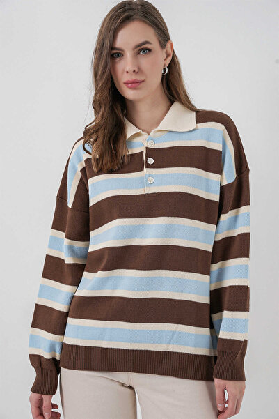 Cistern İstanbul Women's Polo Neck Striped Knitwear Sweater