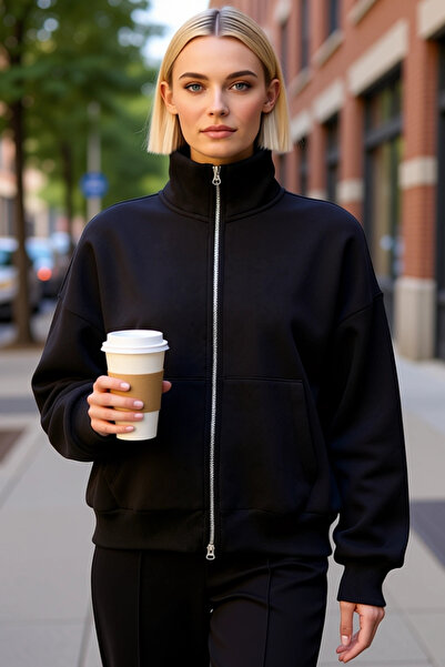 BENERLY Hanorac de damă cu guler înalt, mâneci scurte, cu fermoar, croială la...