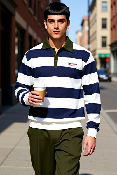 BENERLY Men's Polo Neck Standard Sleeve Striped Sweatshirt Functional Durable...