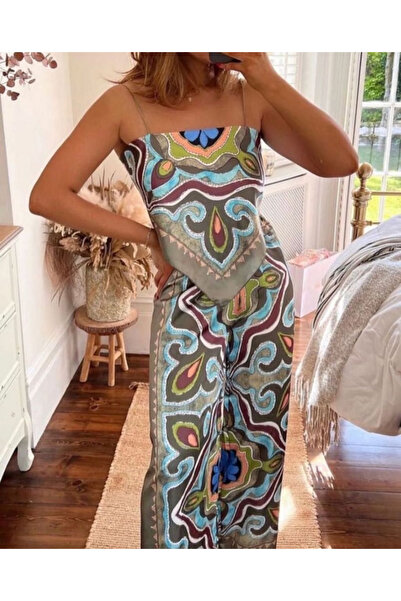 OEMN Compleu Dama Top si Pantaloni Satin cu imprimeuri diverse