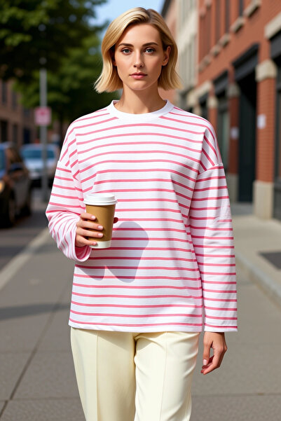 BENERLY Women's Crew Neck Low Sleeve Striped Knitted Wide Cut Sweatshirt Func...