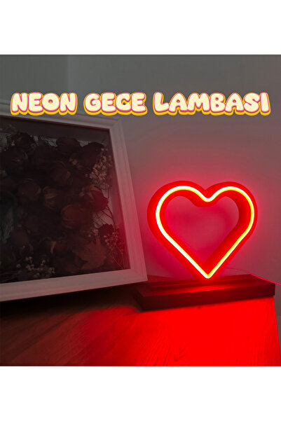 Masal Kalp Şekilli Kırmızı Neon Masa Lambası – Dekoratif LED Gece Işığı