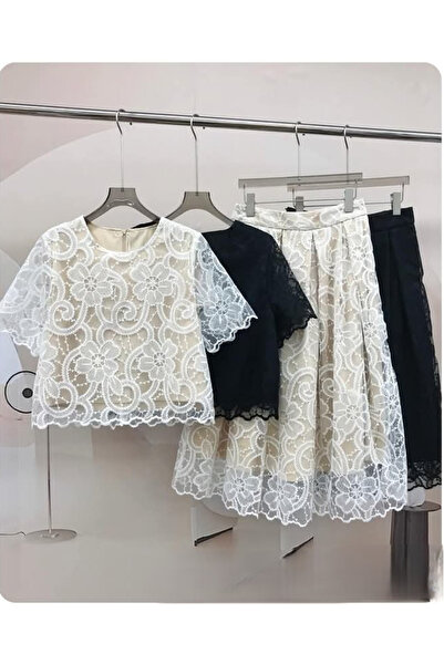 OEMN Set Dama Compleu Elegant din Dantela – Bluza cu Maneca Scurta & Fusta Mi...