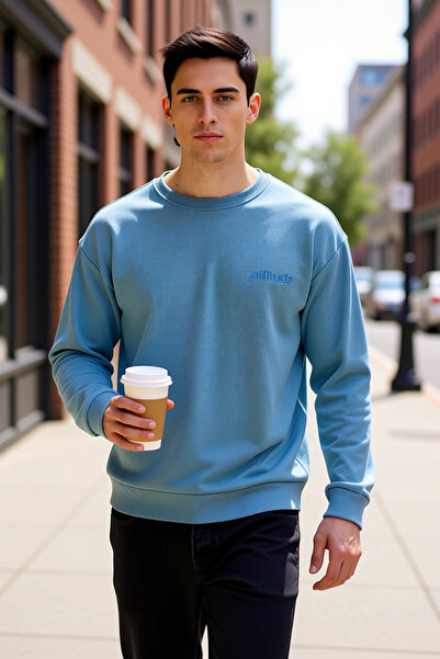 BENERLY Men's Crew Neck Low Sleeve Oversized Slogan Embroidered Diagonal Swea...