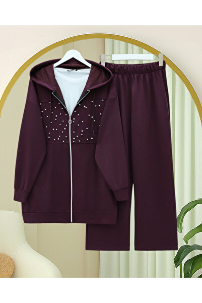 Modamorfo Hooded Zippered Front Pearl and Stone Detailed Oyhso Suit - Plum