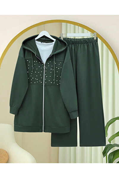 Modamorfo Hooded Zippered Front Pearl and Stone Detailed Oyhso Suit - Khaki