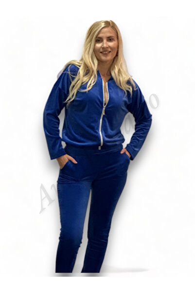 OEMN Women's Velvet Tracksuit Kyra - Blue Zippered Top and Pants Set