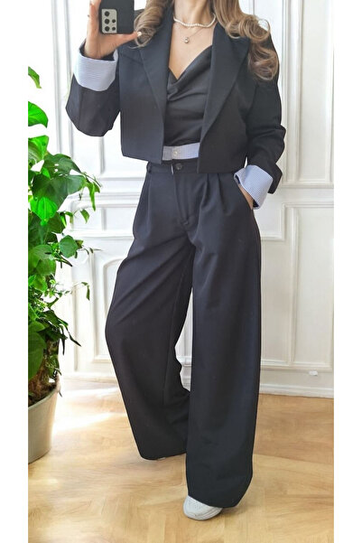 OEMN Compleu dama premium sacou crop si pantaloni wide leg eleganti, negru