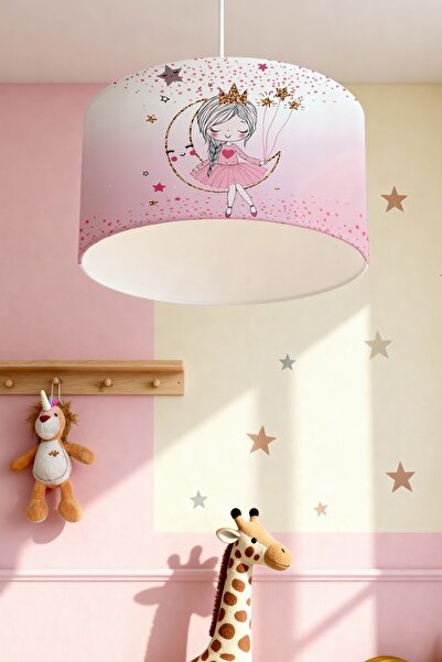 EVPANYA Pembe Yıldızlı Aydaki Prenses Desenli Çocuk Odası Avize