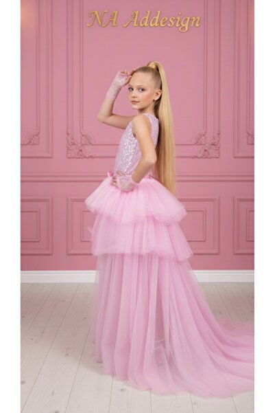 NA ADDESIGN Pembe Işıltılı Tül Kuyruklu Prenses Abiye – Özel Tasarım