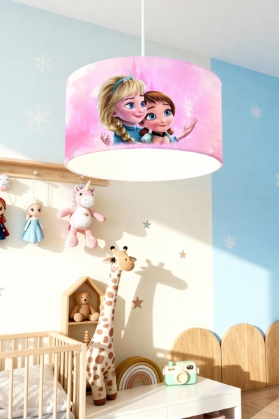 EVPANYA Pembe Çocuk Elsa Ve Anna Desenli Çocuk Odası Avize