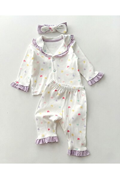 Bolly Baby %100 Pamuk Bandanalı Fırfırlı Kalp Baskılı Kız Bebek Pijama Takımı