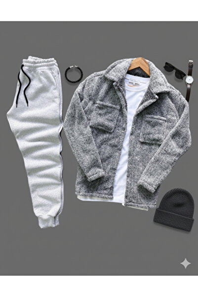 NİCE New Season Men's Set Bottom Top Plush Shirt- Sweatpants Long Sleeve Bottom Top Set