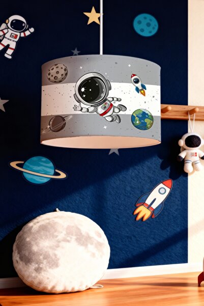 EVPANYA Gri Ye Gri Uzay ve Minik Astonot Desenli Çocuk Odası Avize
