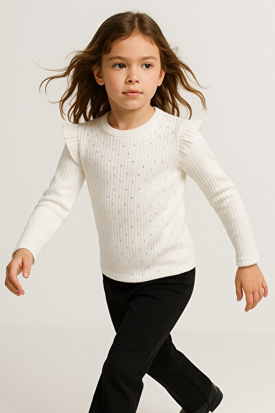 mini kanka Момичешка блуза с набори на раменете и бродерия с перли, Ribana, 4-8 години