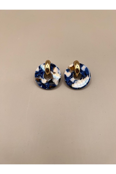 OEM Mavi tonlu Akrilik Disk Küpe – Altın Detaylı, Hafif Model