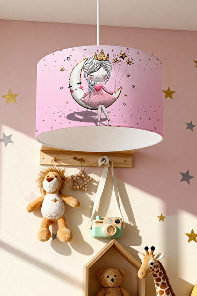 EVPANYA 3 Boyutlu Pembe Ayda Oturan Prenses Desenli Çocuk Odası Avize