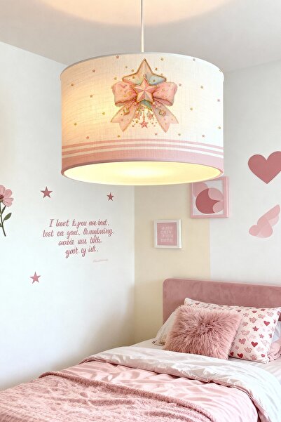 EVPANYA Pembe Yıldızlı Fiyonk Desenli Çocuk Odası Avize