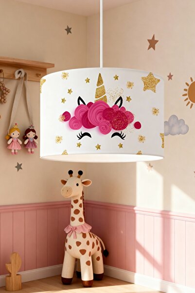 EVPANYA Altın Yıldızlı Unicorn Desenli Çocuk Odası Avize