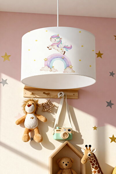 EVPANYA Beyaz Ponçik Unicorn Desenli Çocuk Odası Avize