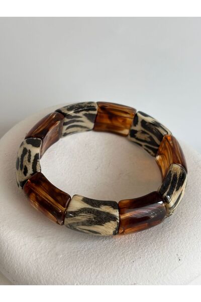 BHR AKSESUAR Light Brown Leopard Acrylic Beaded Elastic Bracelet