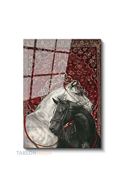 tablonhazır Dikey Cam Tablo Salon Duvar Tablosu Dikey Cam Siyahbeyaz At Hali ...