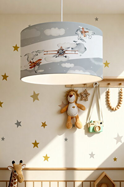 EVPANYA Gri Yan Şeritli Uçaklar Desenli Çocuk Odası Avize