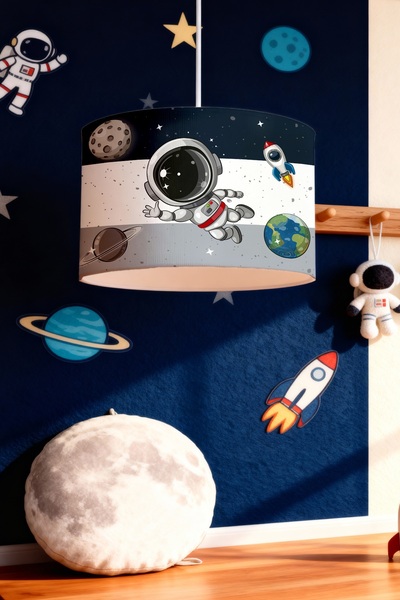 EVPANYA Lacivert Gri Uzay Ve Minik Astonot Desenli Çocuk Odası Avize