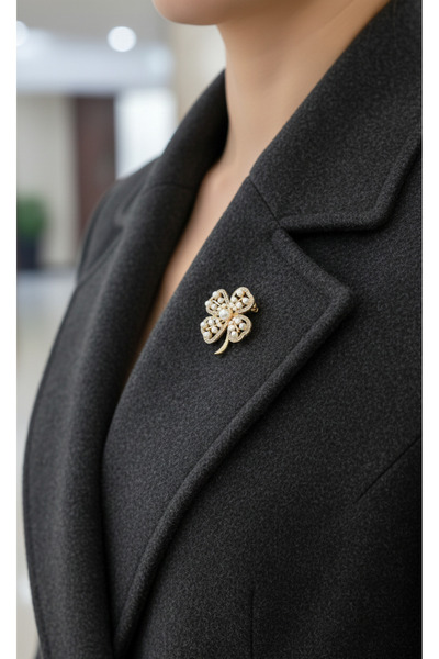 Efe Aks Lüks İnci ve Kristal Dört Yapraklı Yonca Broş