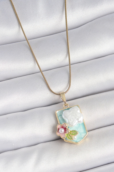 Skygo 316L Steel Gold Color Chain Blue Enamel Flower Embroidered with Pearls ...