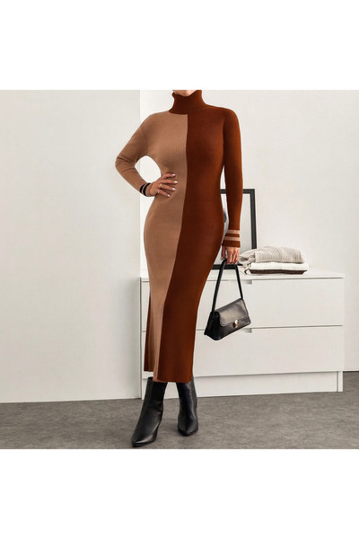 ÖZKURTOĞLU COLLECTİON PREMİUM KAHVE,SİYAH ÇİFT RENK MİDİ BOY ELBİSE