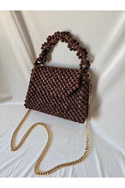AGH Değerli Hediyeler Velvet Textured Brown Beaded Design Bag – Gold Chain Detail