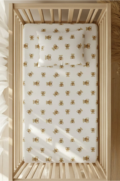pistore طقم ملاءات سرير مطاطية من القطن بنسبة 100% - سرير بارك بنمط دب تيدي 70x120 35x45