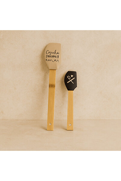 Evanev Medusa İki Boy Bambu Saplı Silikon Spatula Seti 27 cm ,18 cm Krem-Siyah
